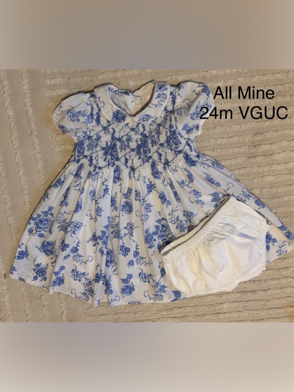 Blue Floral Smocked Collared Toddler Girls Dress